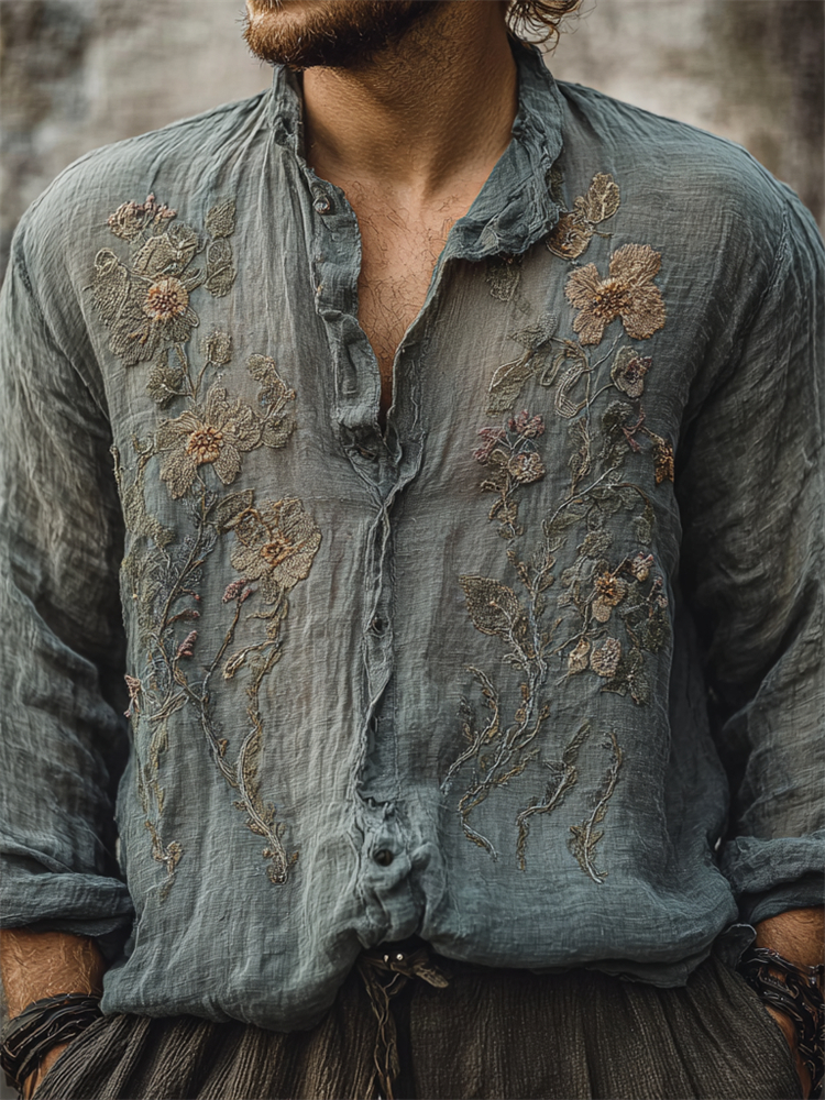 Comstylish Men's Boho Floral Embroidered Flowy Beach Linen Shirt