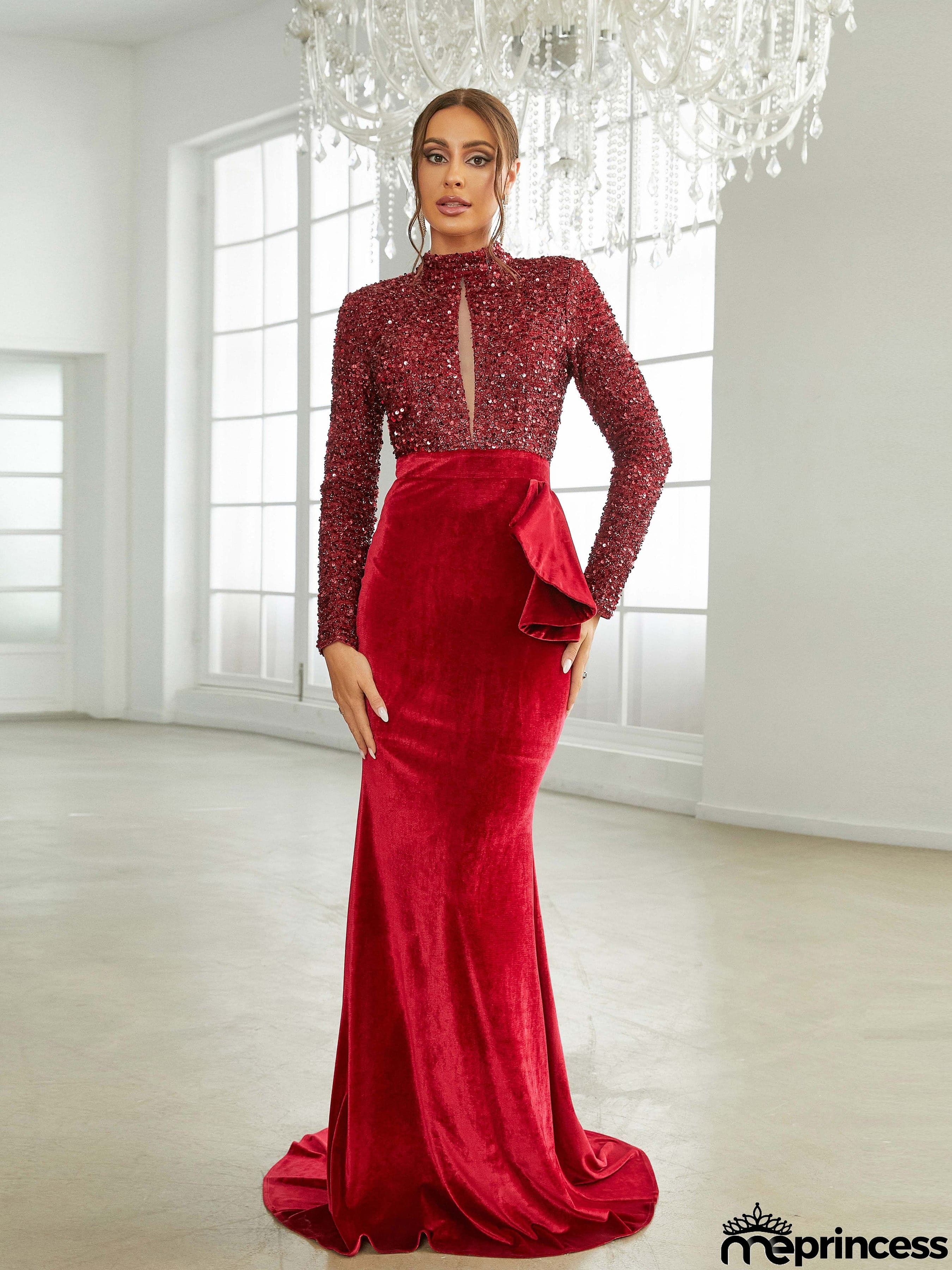 Stand Collar Velvet Panel Burgundy Formal Dress XJ2532