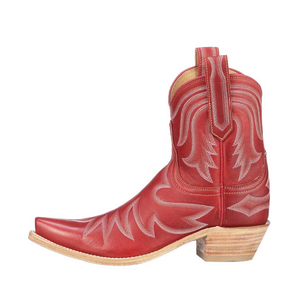 Red Chunky Heel Booties Snip Toe Embroidered Cowgirl Boots for Women