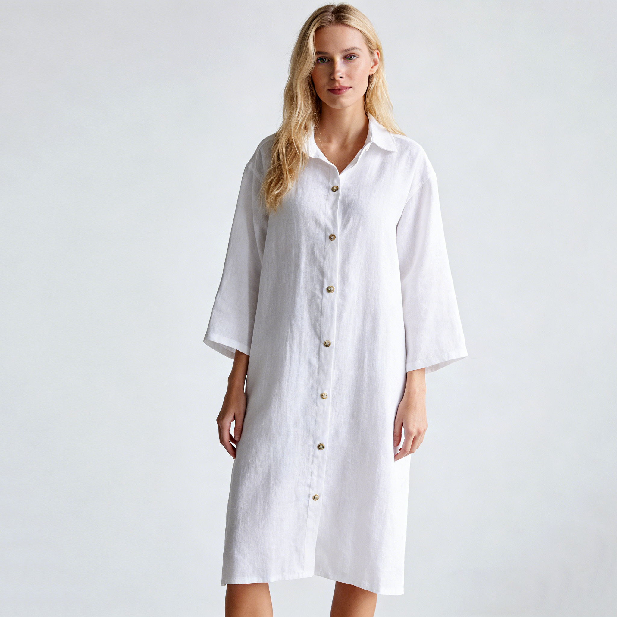 Linen Nightgown Women 100% Linen Button Front Midi Sleepwear REAL SILK LIFE