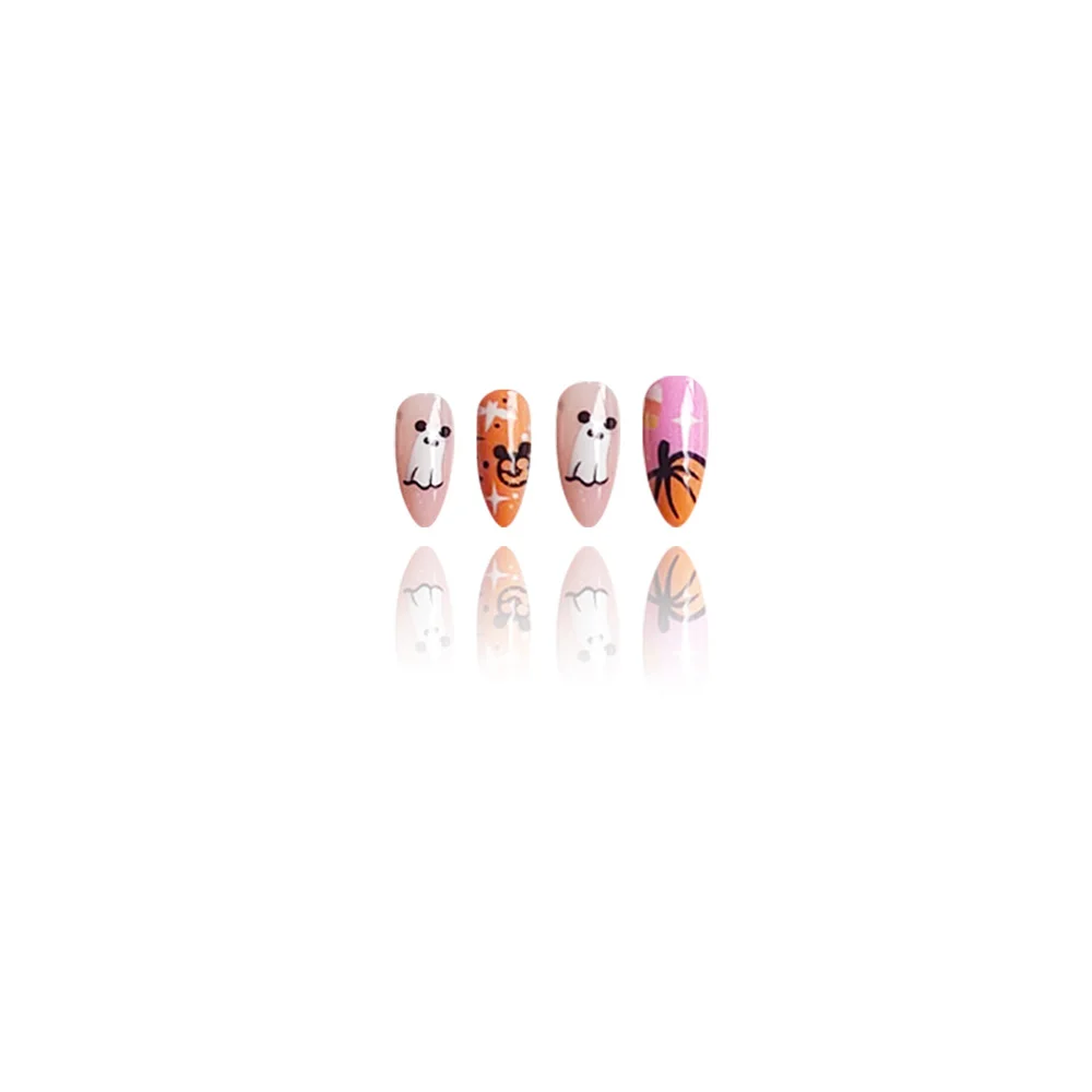Churchf Churchf Almond Nail Colorful Skull Pumpkin Ghost Halloween Element Fake Nails Finished Wear Armour Festival Beauty