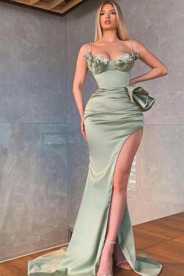 Luluslly Dusty Sage Spaghetti-Straps Prom Dress Mermaid Long With Split Ruffles