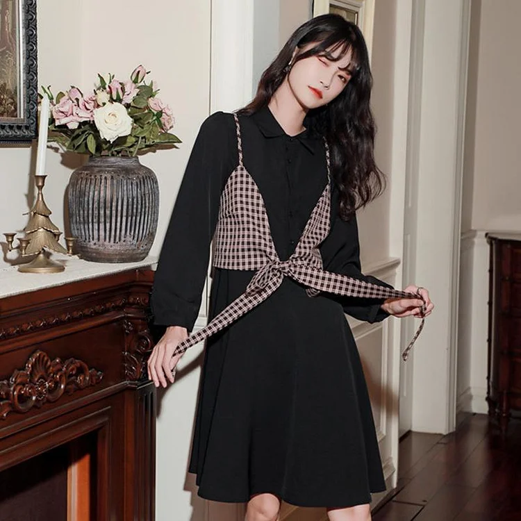 Bow Plaid Button Shirt Dress - Modakawa Modakawa