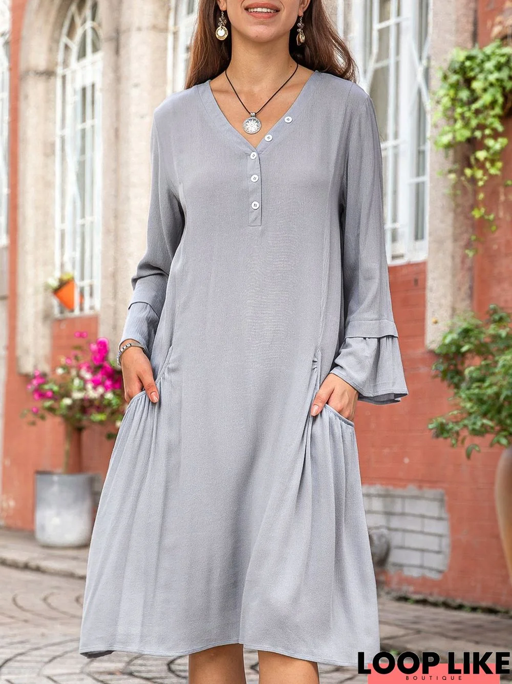 Women Plain Buttoned Bell Sleeve Weaving Dress