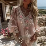 Women's Vintage Pink Floral Art Print Flowy Linen Blend Casual V Neck Tops - Image 2