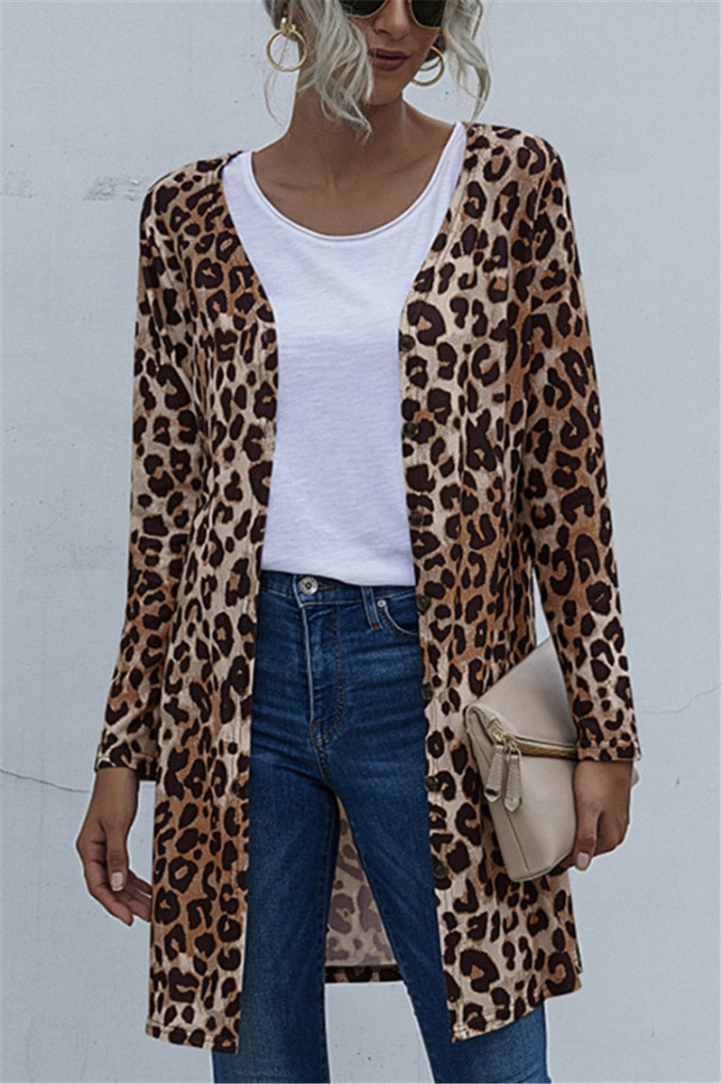 Leopard Single Breasted Long Sleeve Casual Cardigan
