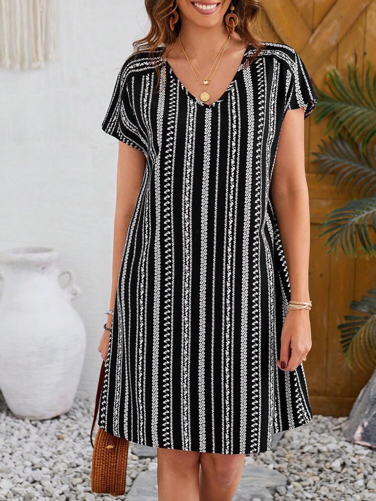 Mature Women Summer Elegant Striped Print Loose V-neck Dress