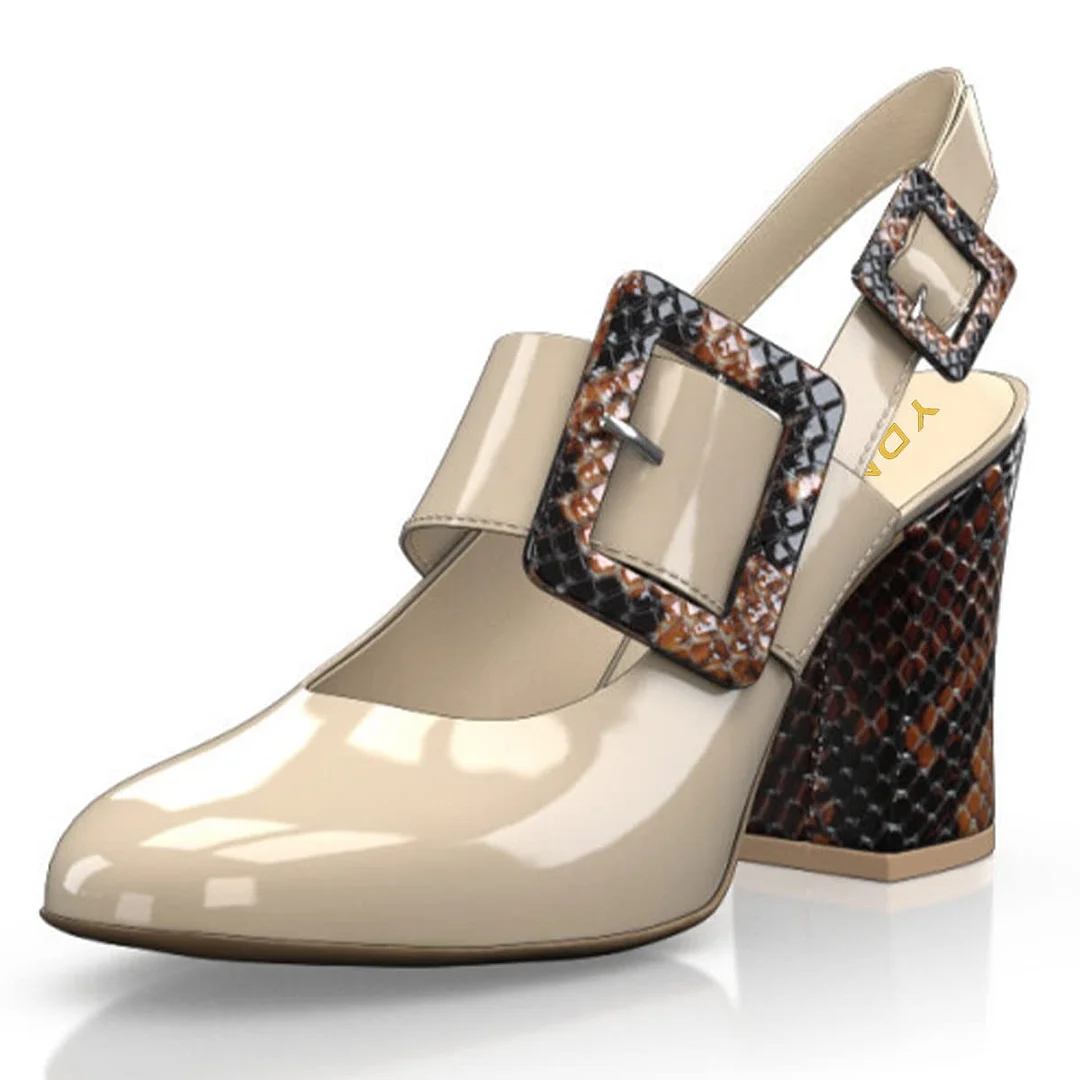 Chunky Heel Snakeskin Buckle Round Toe Slingback Pumps Shoes in Nude