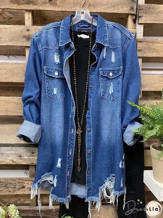Deep Blue Denim Casual Plain Shirt Collar Outerwear for Women
