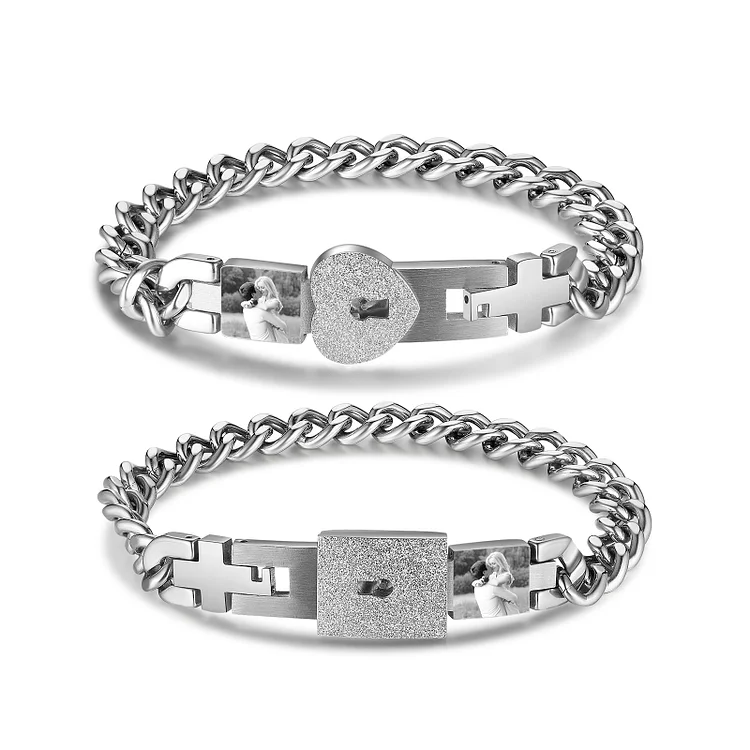 Personalized Cuban Chain Magnetic Couple Bracelets with photo Key and Lock Matching Bracelet Love Gifts
