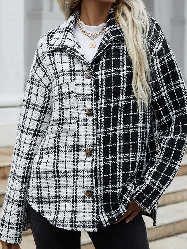 Black and white stitching plaid single-breasted cardigan women's jacket