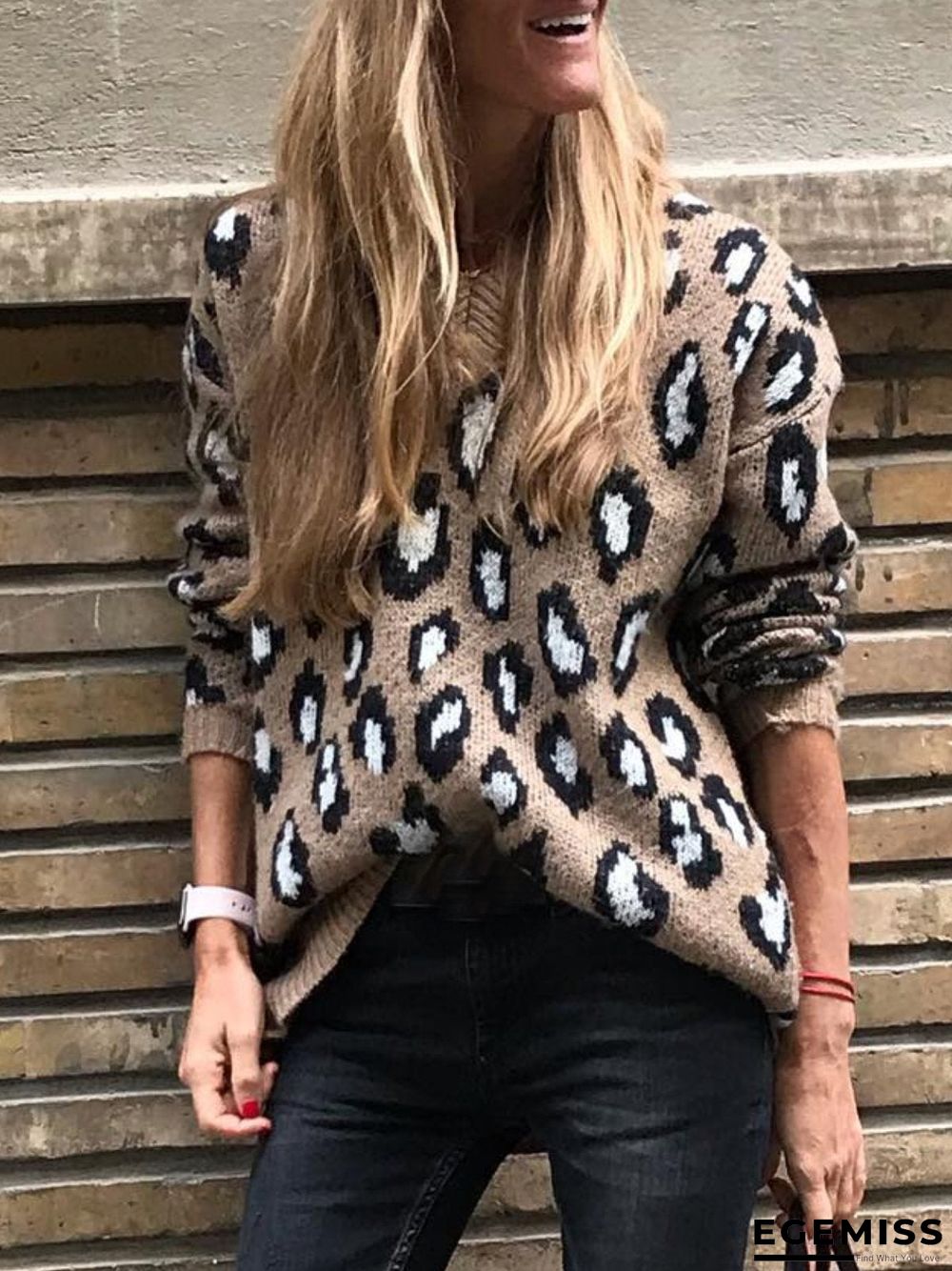 Coffee Knitted Casual Printed/dyed  plus size  Sweater | EGEMISS