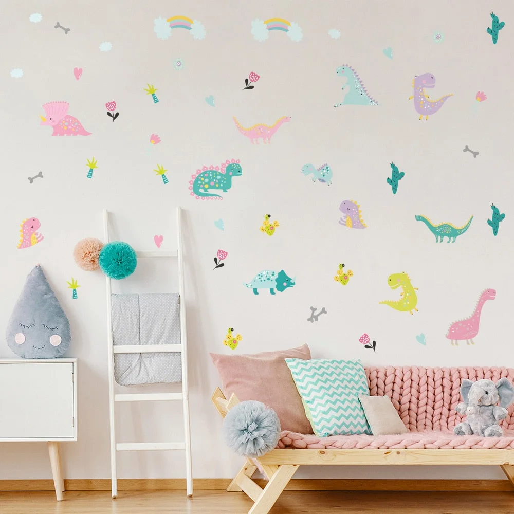 Cartoon Dinosaur Wall Sticker Kids Room Nursery Bedroom Living Room Mural Art Vinyl Decals Macaron Kindergarten DIY Wallpaper Ho