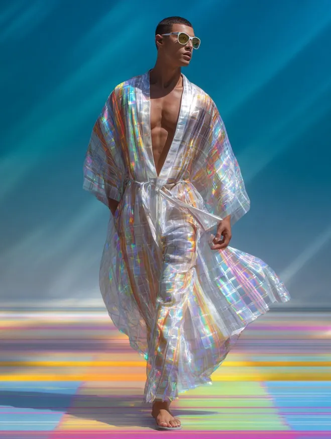 Flowing Polyester Robe Maxikaftan Men's Sheer Flowing Laser Plaid Robe