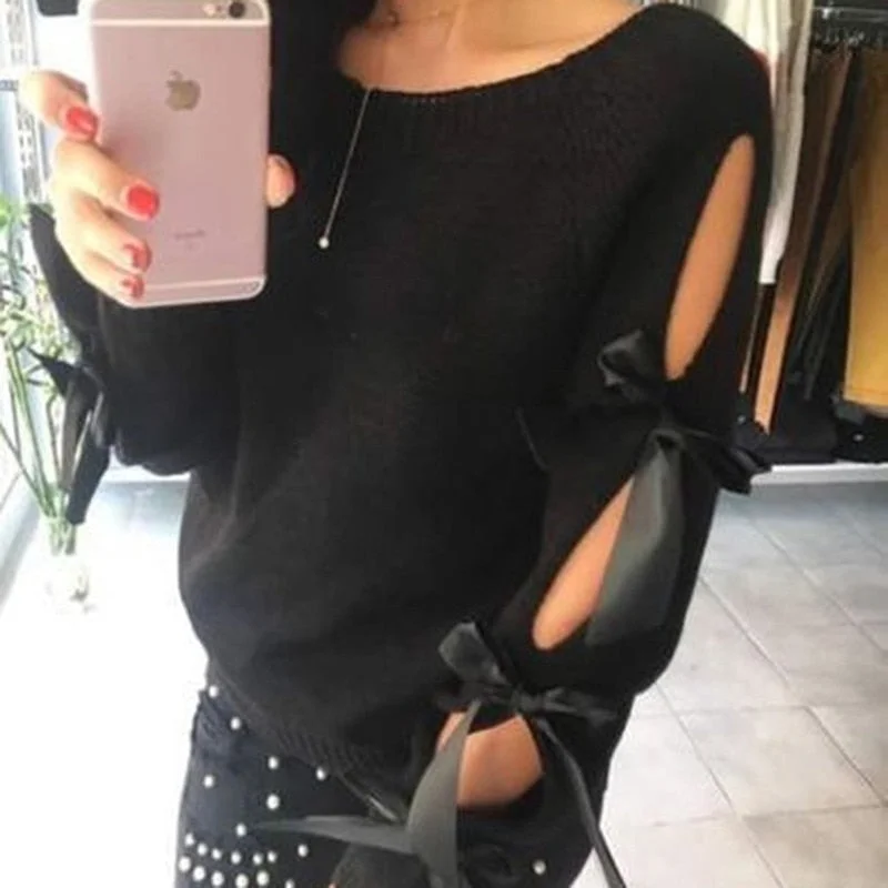 2021 Winter Women Knitted Pullover Lace Up Sweaters Casual Long Sleeve Hollow Out Bow Pull Femme Fashion Ladies Sweter