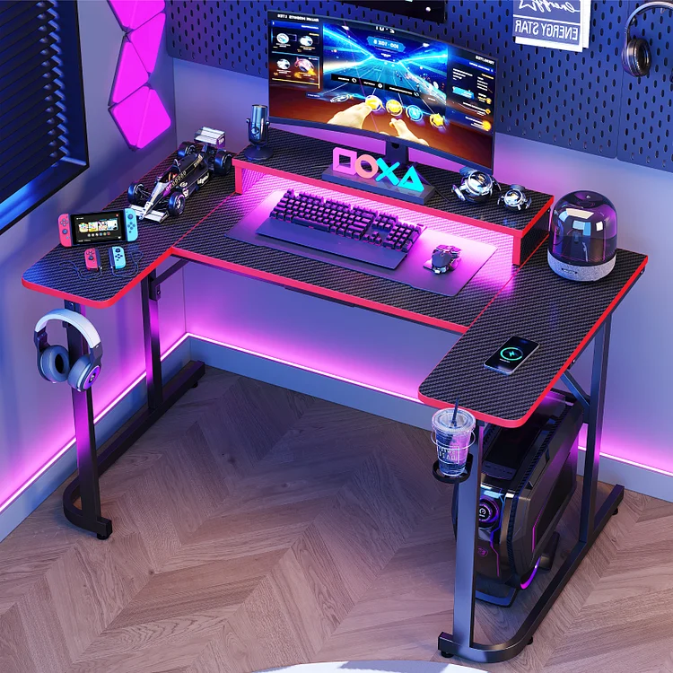 Bestier Gaming Desk with LED Lights, U-Shaped Computer Desk with Monitor Stand, Hooks and Cup Holder, Home Office Desk