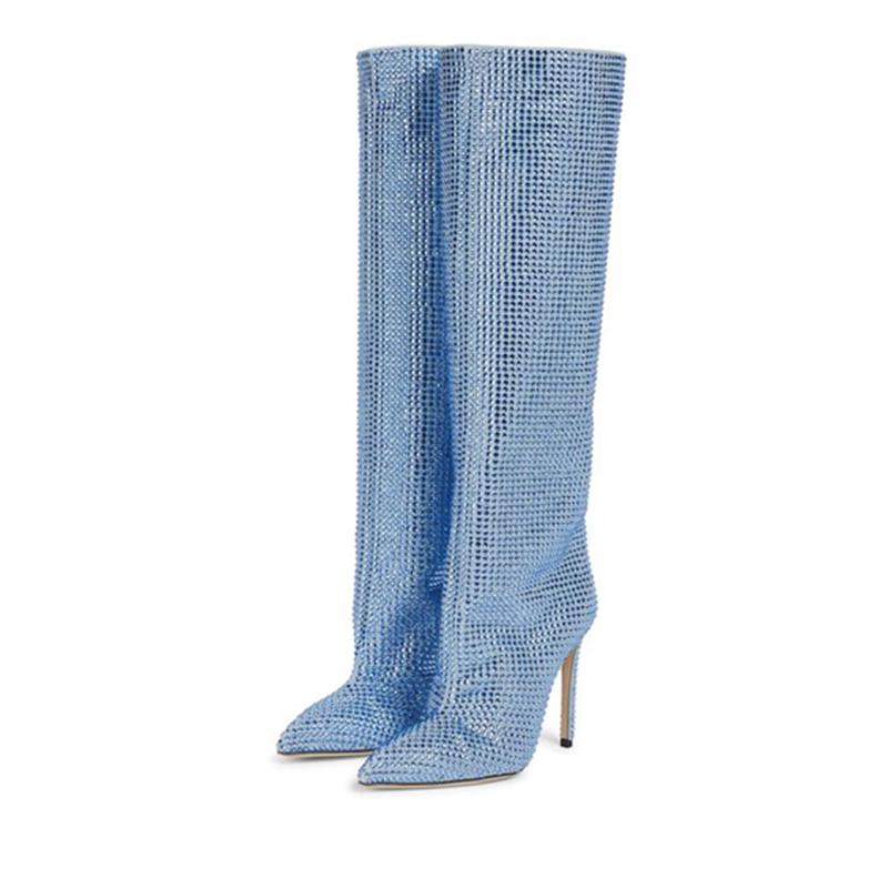 GOOSHOE Blue Stiletto Heels Pointed Toe Rhinestones Knee High Boots