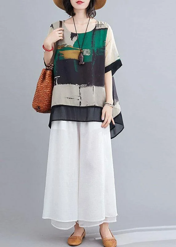 Beautiful Green Print O-Neck Two Pieces Set Summer Chiffon