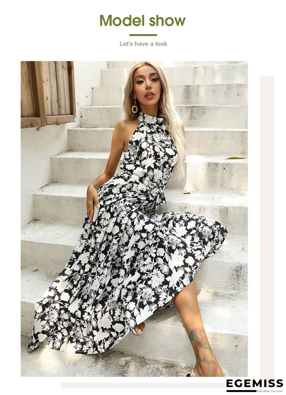 Summer New European and American Printed Open Neck Dress with Suspender | EGEMISS