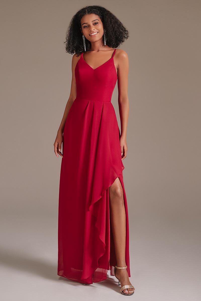 Oknass Red Spaghetti-Straps Cheap Bridesmaid Dresses Side Split