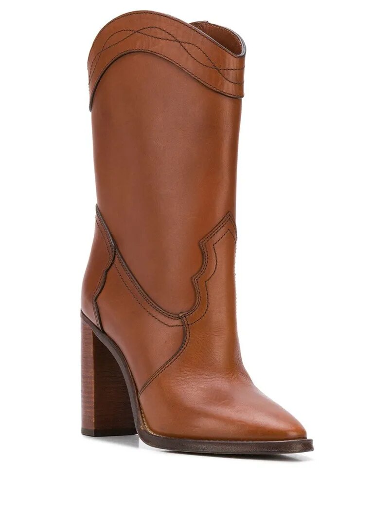 VCSHOES Women Brown Knee High Boots Runway Chunky Heels Western Knight Boots Pointed Toe High Heels Shoes Women