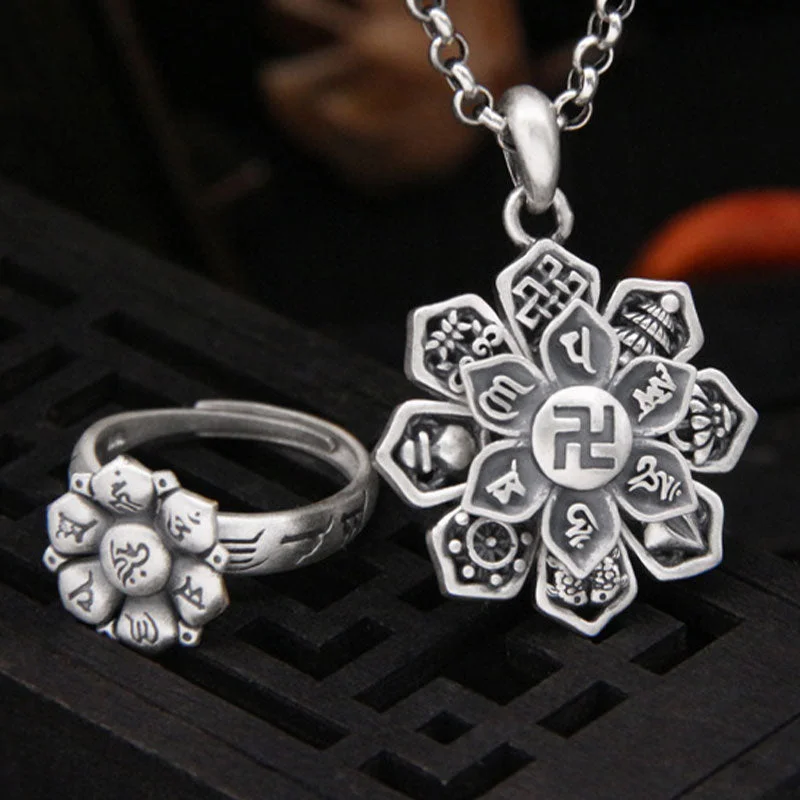 Om Mani Padme Hum Lotus 999 Sterling Silver Swastika Purity Rotatable Necklace Ring