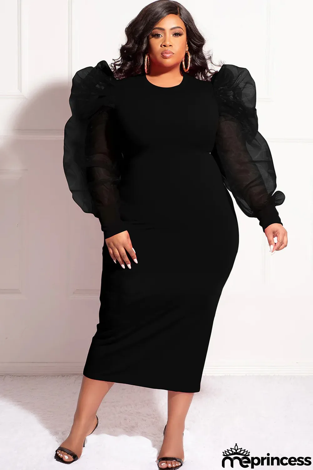 Solid Yarn Sleeves V-Neck Plus Size Long Dress
