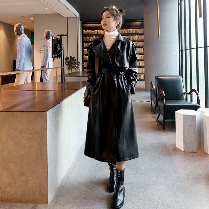 Fashion Brand New Women's Long PU Leather Trench Coat with Belt Lady Windbreaker Waterpoof Female Outerwear Spring Autumn Black