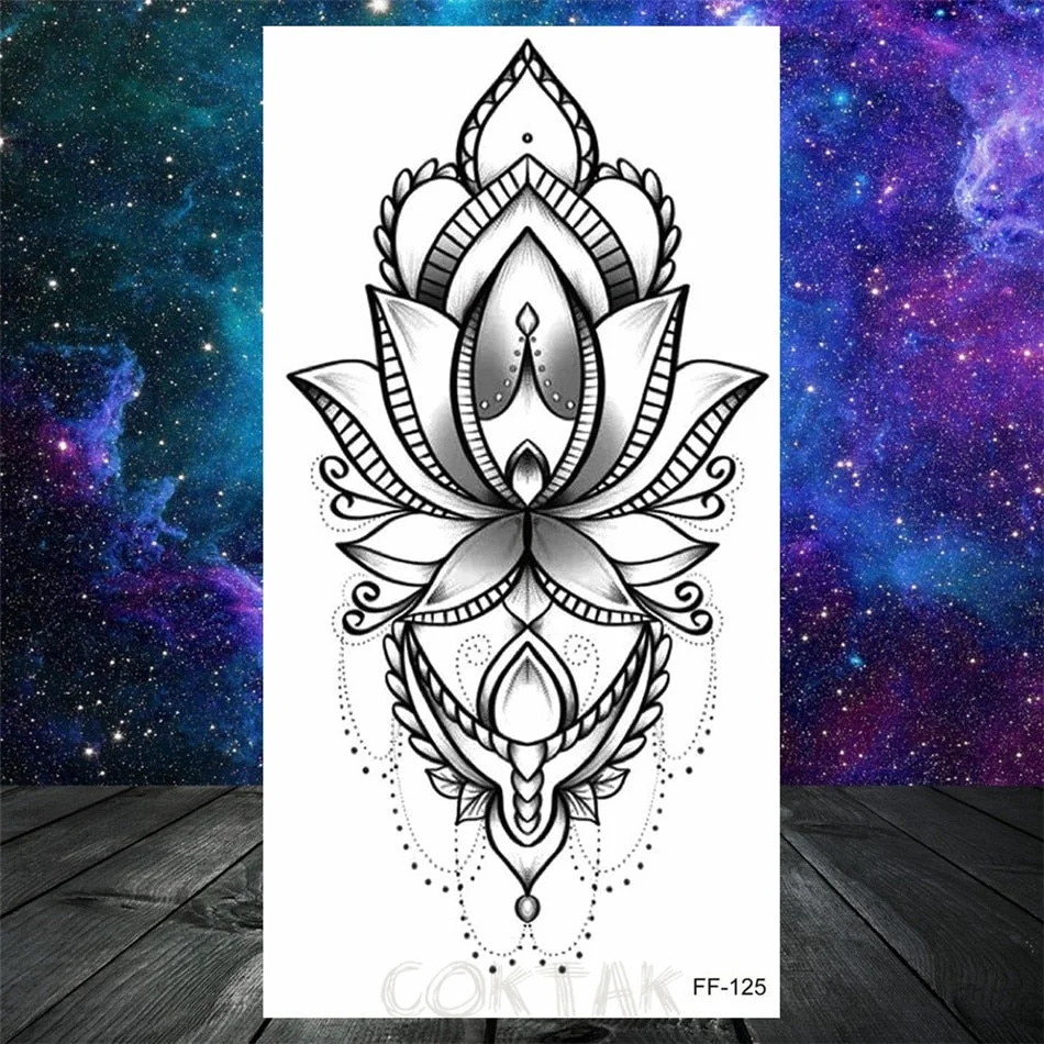 Lotus Flower Temporary Tattoo For Women Girls Snake Peony Lily Rose Chains Tattoos Sticker Black Blossom Fake Transferable Tatoo