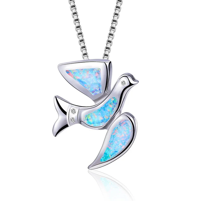 Cute Female Small Bird Animal Pendants Necklaces Boho Silver Color White Fire Opal Necklace Vintage Wedding Necklaces For Women