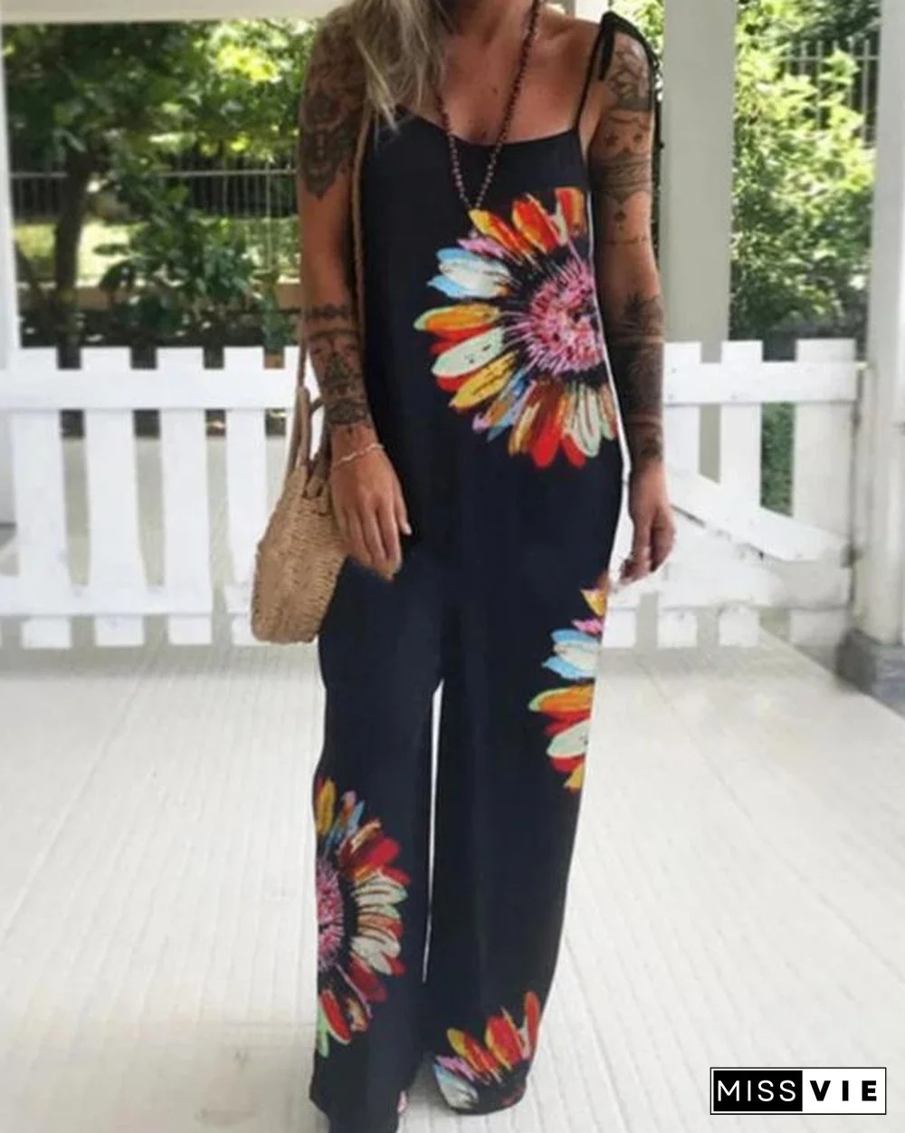 Black Floral Spaghetti Casual One-Pieces