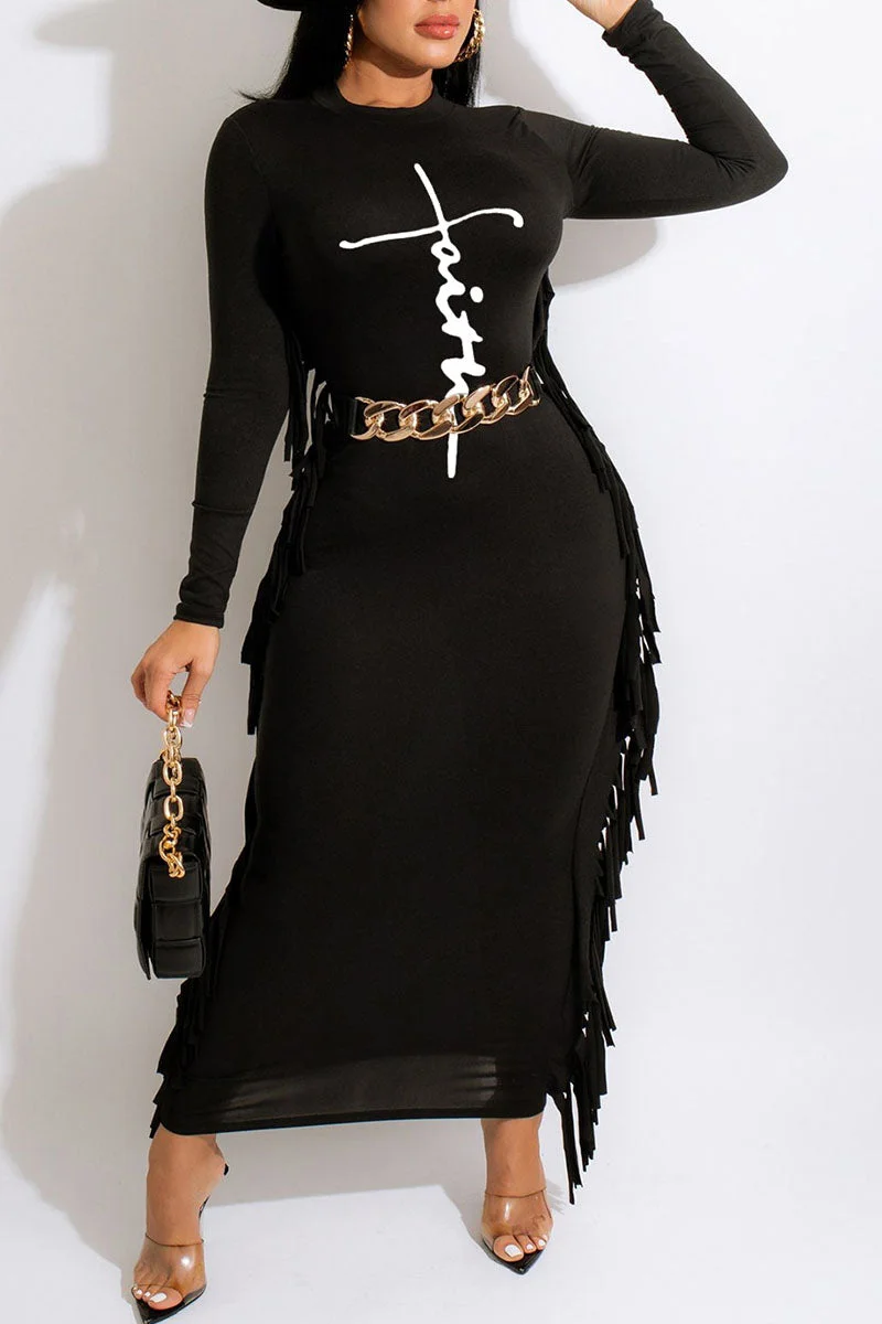 Casual Print Tassel Split Joint O Neck One Step Skirt Dresses(Without Belt)