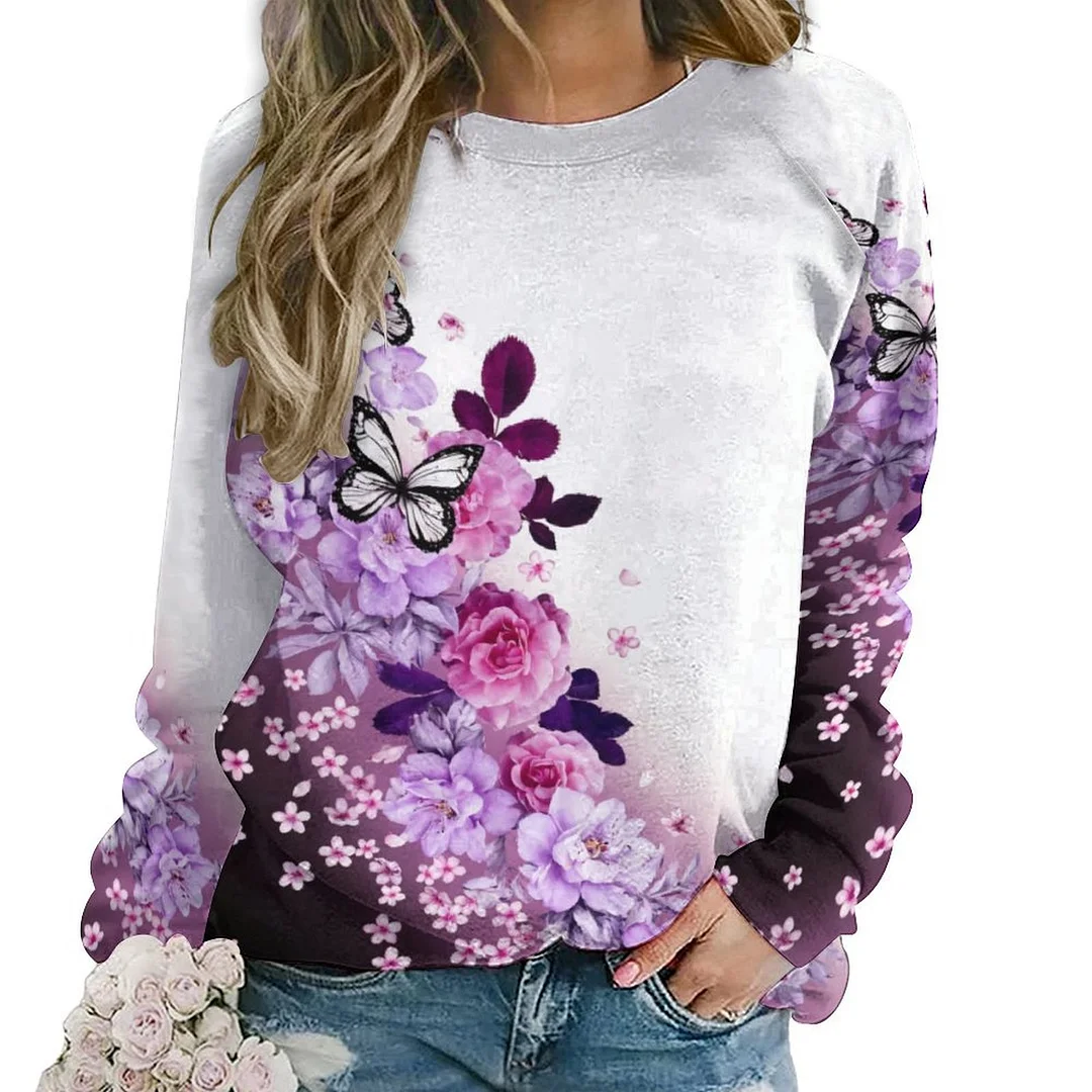 Printed Long Sleeve Casual Sweatshirt for  Women and Men Unisex Pattern Butterfly, Purple, Floral