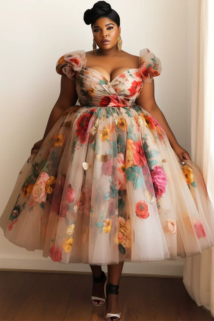 Xpluswear Design Plus Size Wedding Guest Multicolor Floral Wrap Neck See Through Tulle Midi Dresses [Pre-Order] 2024 - Xpluswear