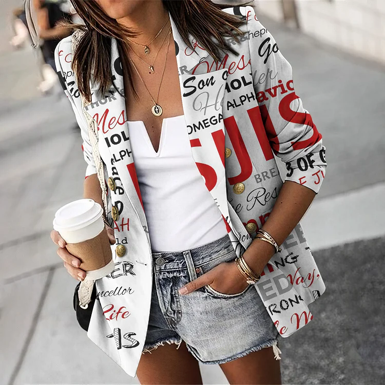 Letter Print Lapel Long Sleeve Blazer