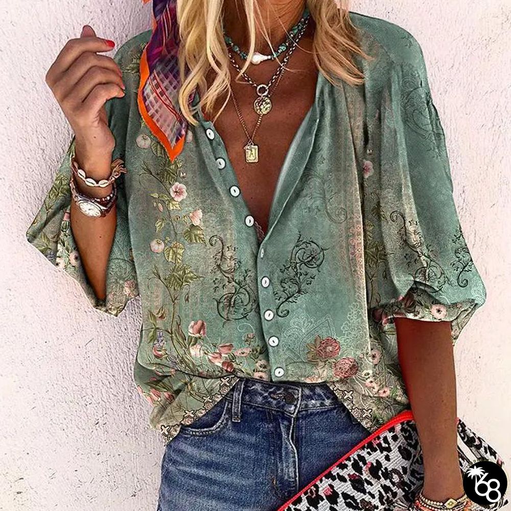 Green Print 3/4 Sleeve Shirt | 168DEAL