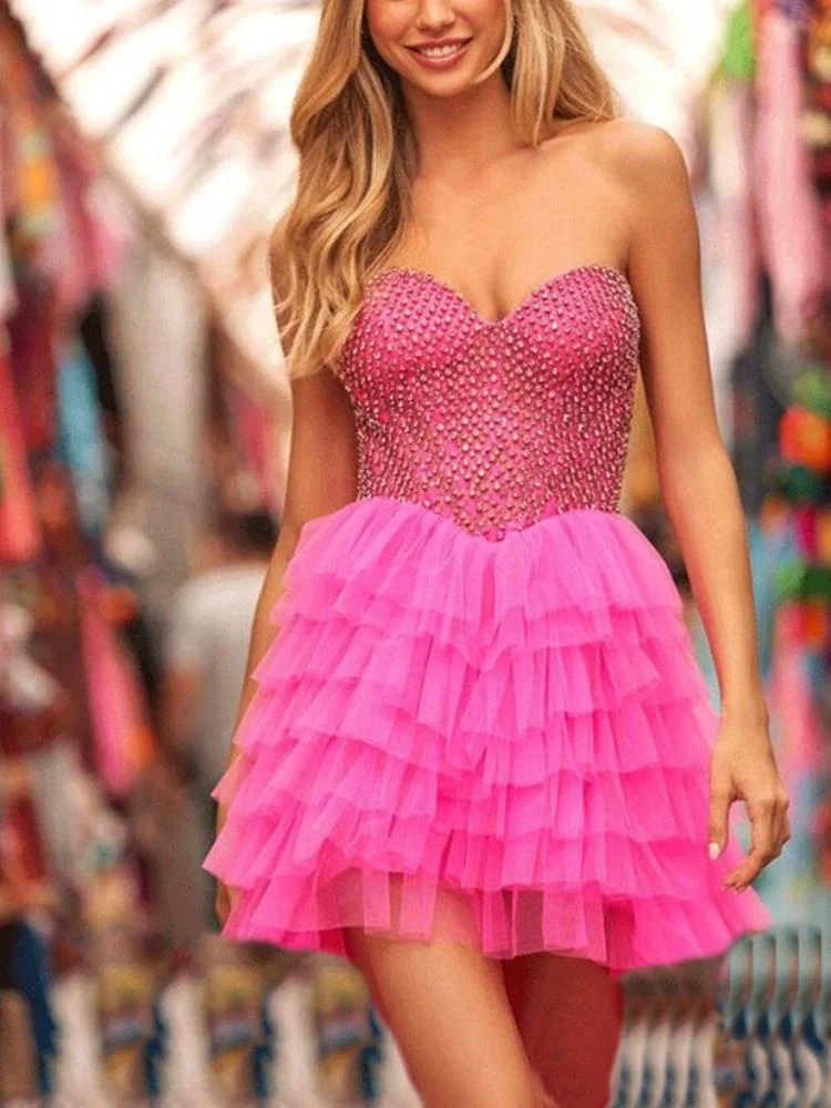 Promsstyle Promsstyle Strapless rhinestone tiered mesh mini dress Prom Dress 2023