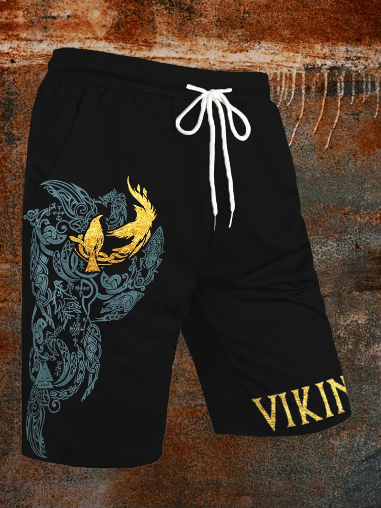 Broswear Men's Viking Raven Graphic Drawstring Casual Shorts
