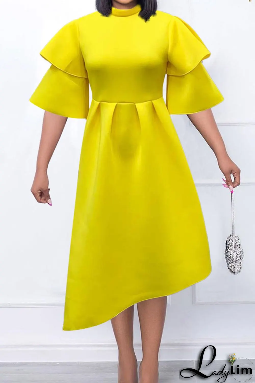 Tangerine Red Elegant Solid Patchwork Flounce O Neck Evening Dress Dresses