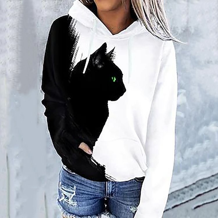Comstylish Casual Contrast Cat Print Long Sleeve Hoodie