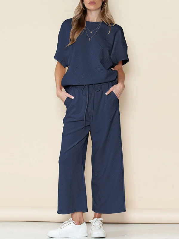 Round-Neck Loose Short Sleeves Solid Color T-shirt Top + Drawstring Elasticity Pockets Pants Botttom Two Pieces Set