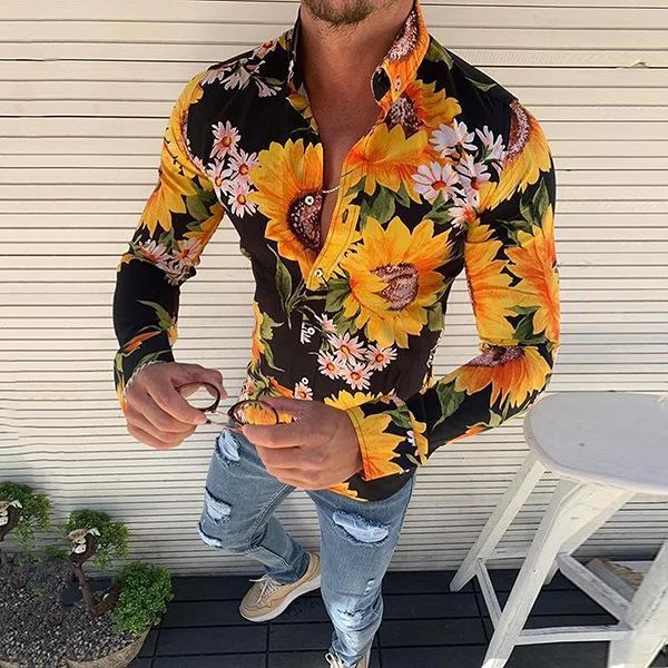 Men's Casual Turndown Collar Long-Sleeved Flower Printed Shirt