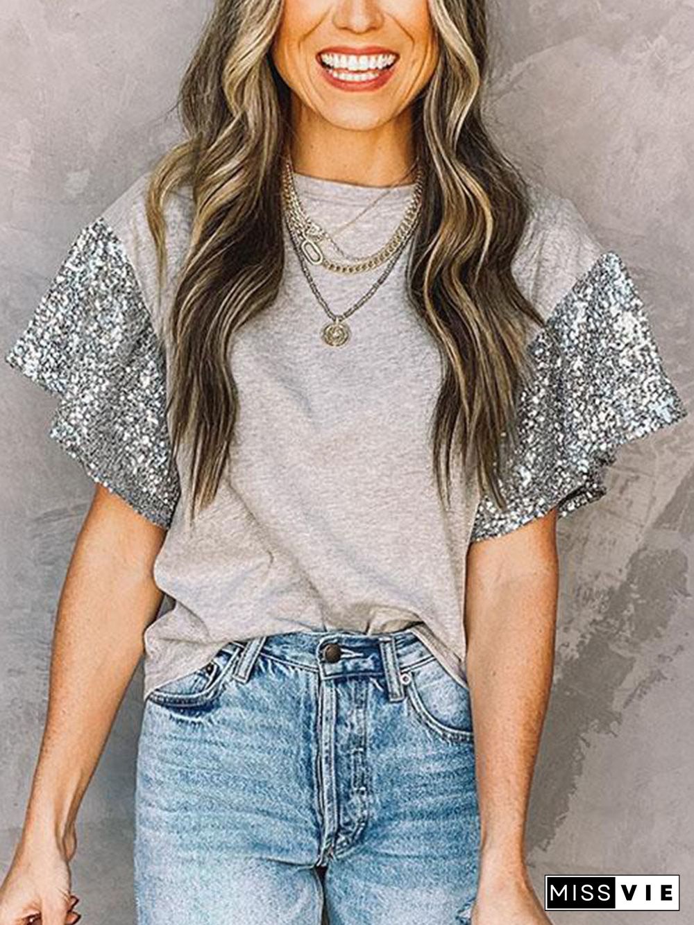Short Sleeve Sequin Round Neck T-Shirt Top