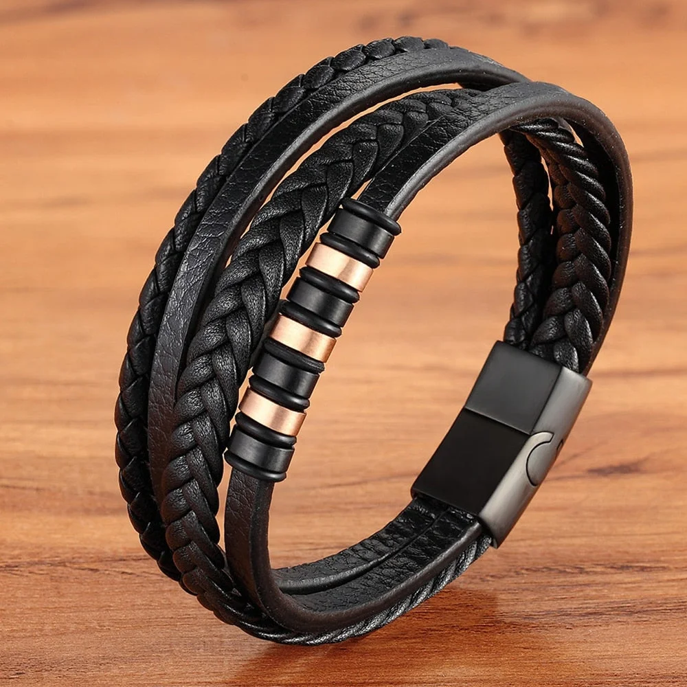 Christmas Gift Classic Multi-layer Luxury Style Stainless Steel Men's Leather Bracelet Hand-woven Customizable DIY Quality Drop Shipping