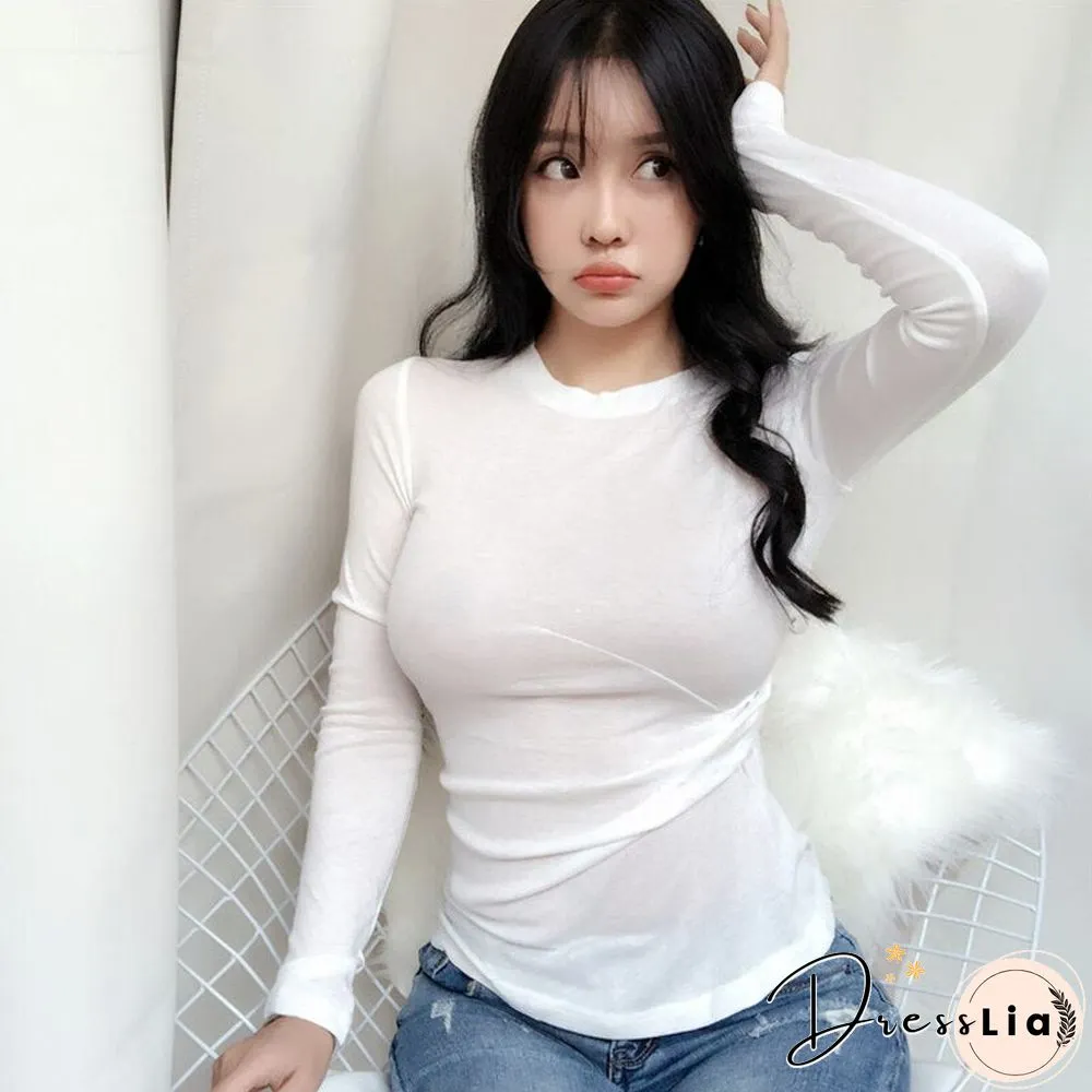 Christmas Gift Women O-neck Long Sleeve T shirts Lady White Cotton Tops Female Soft Casual Tees Women's Slim Frill Black T-shirt