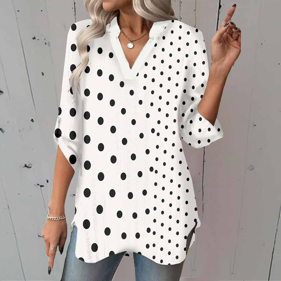 Women Polka Dot, Black DZGA0352 3/4 Sleeve V-neck Printed Graphic Button Tops