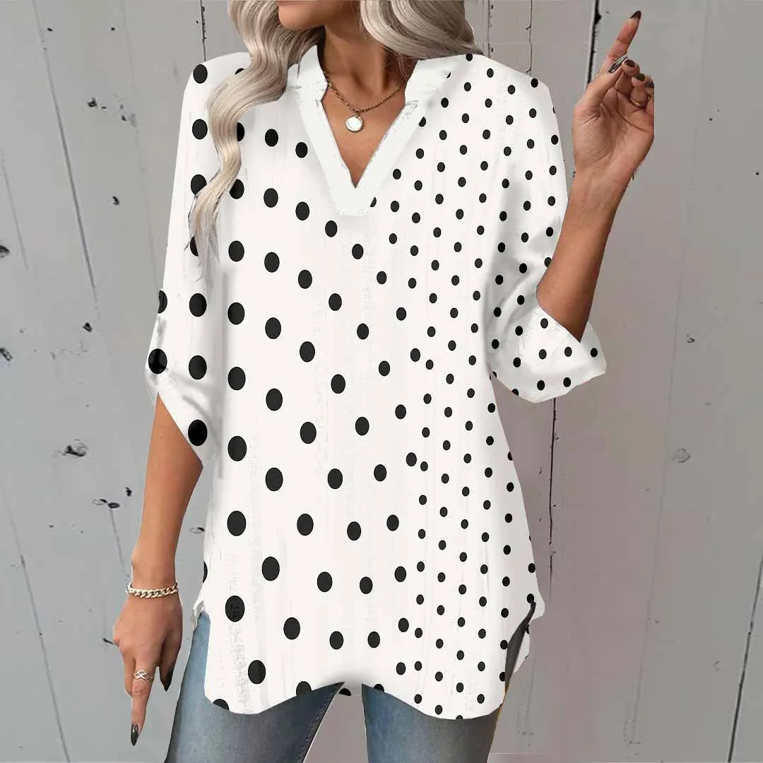 Women Polka Dot, Black DZGA0352 3/4 Sleeve V-neck Printed Graphic Button Tops