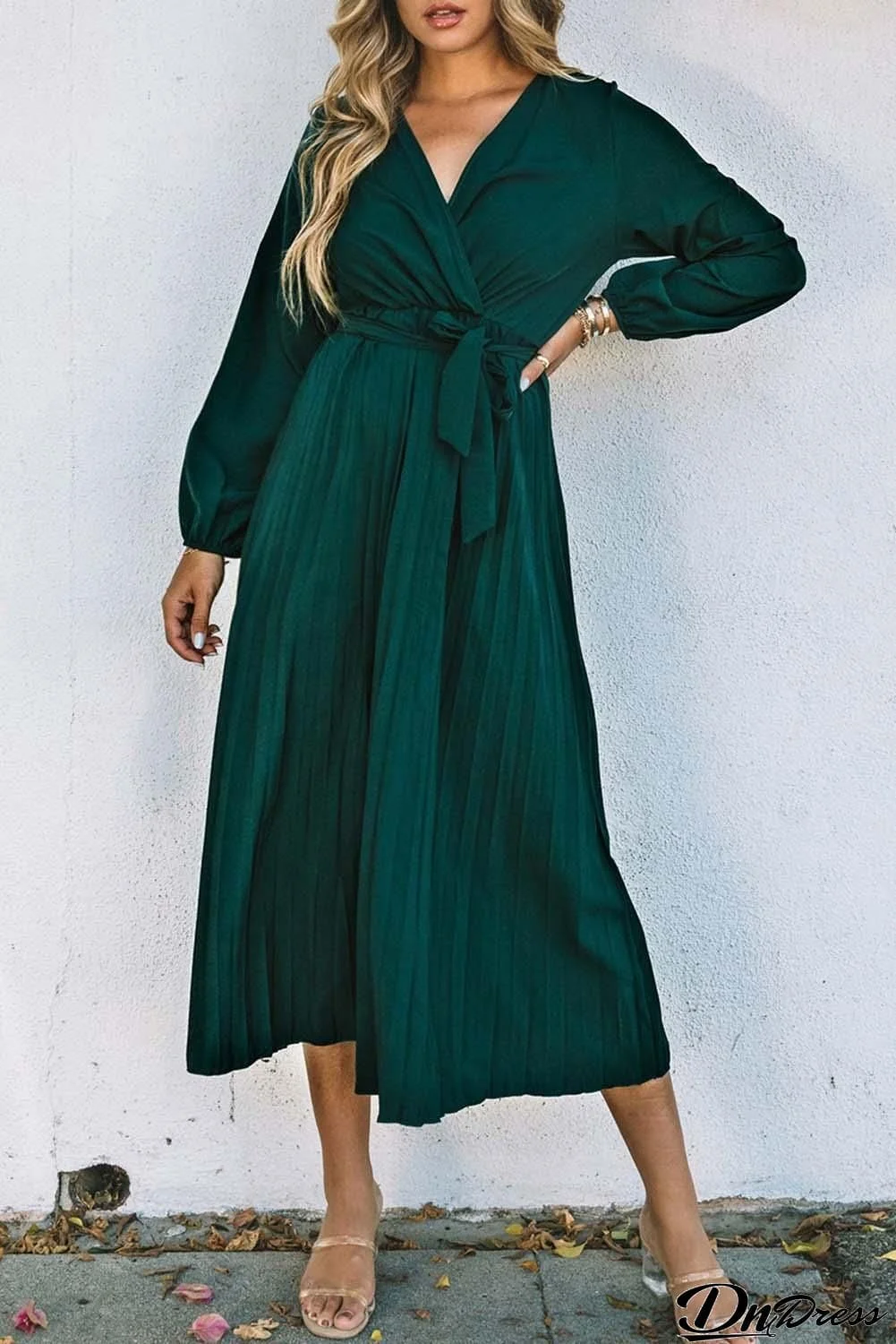 Belted Surplice Balloon Sleeve Pleated Dress