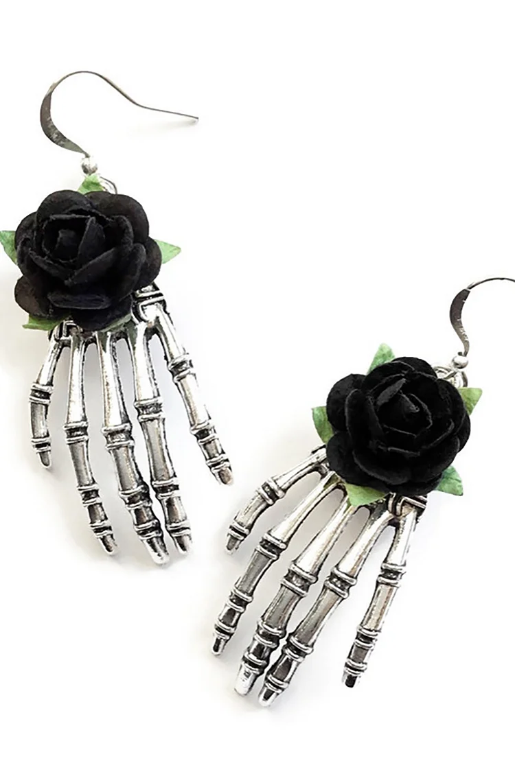Halloween Gothic Skull Hand Red Rose Handmade Earrings 2024 - Xpluswear