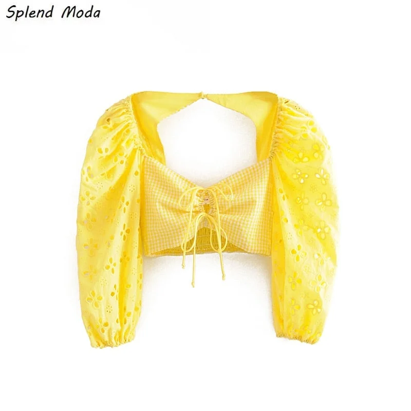 Splend Moda New Fashion Blogger Style Patchwork Crop Tops Women Holiday Chic Backless Bow Tie Hollow Out Short Shirts Female